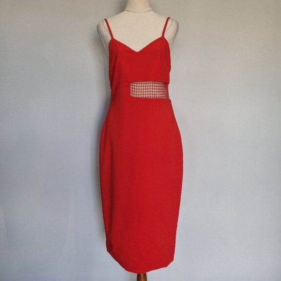 By Johnny Red V-Neck Mesh Panel Sheath Midi Dres Size 12 - Picture 2 of 8